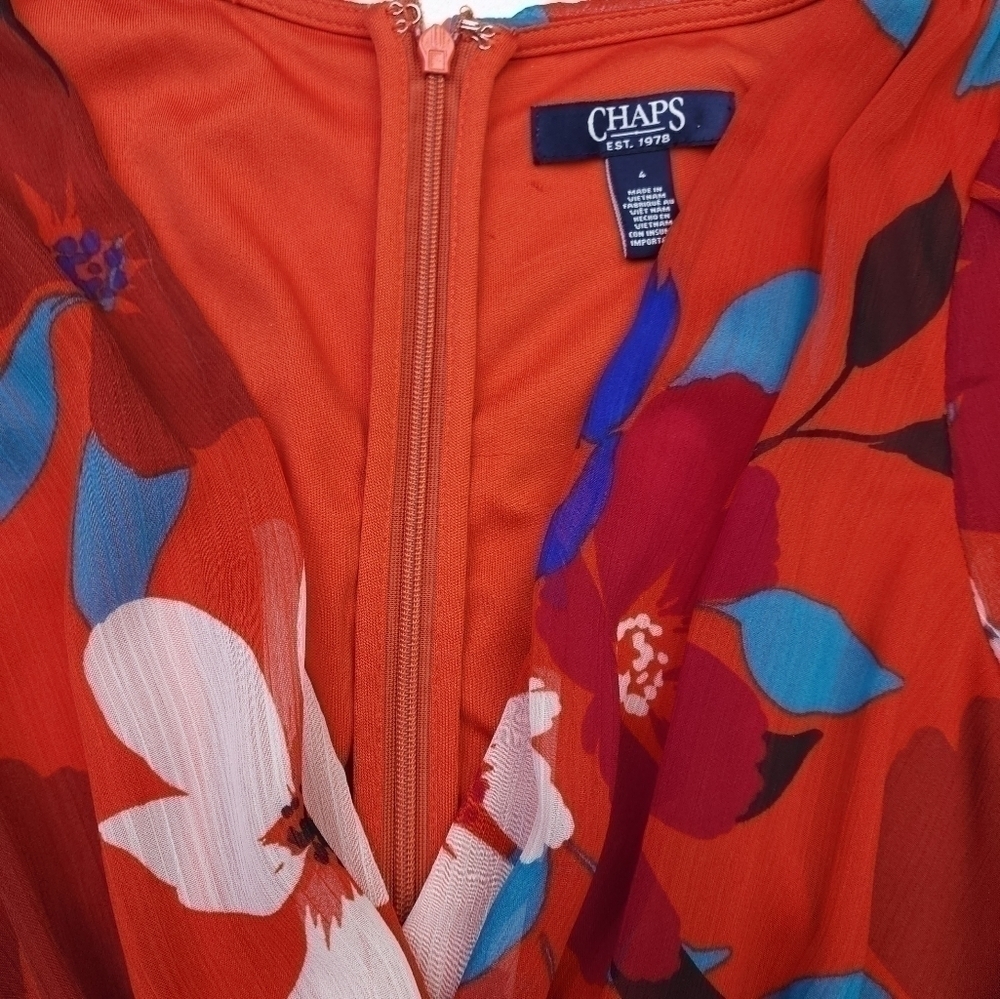 CHAPS Reddish Orange Blue Floral Dress Size 4 - Picture 15 of 15